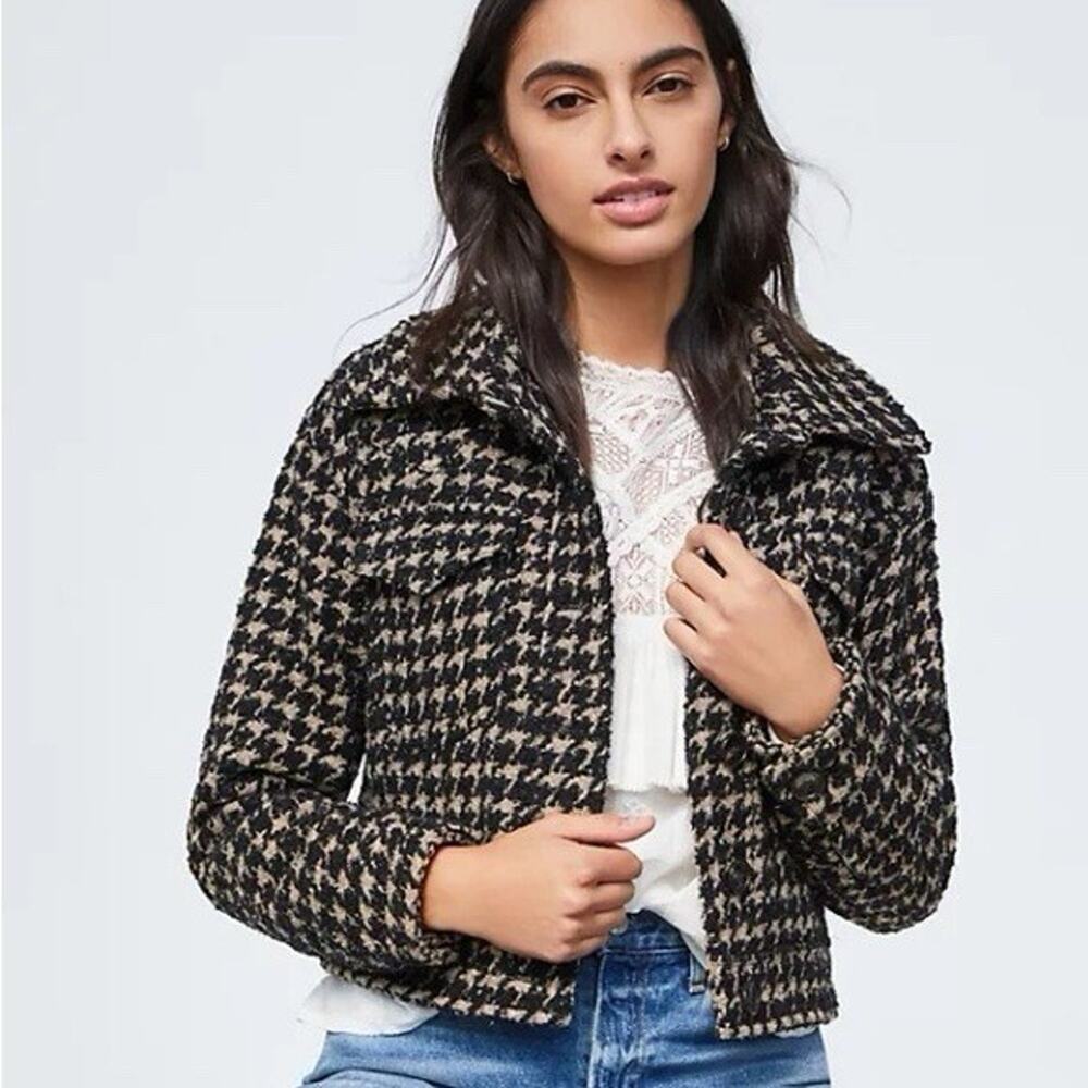 ANTHROPOLOGIE AVEC LES FILLES LEA Black White Crop HOUNDSTOOTH SHIMMER JACKET M